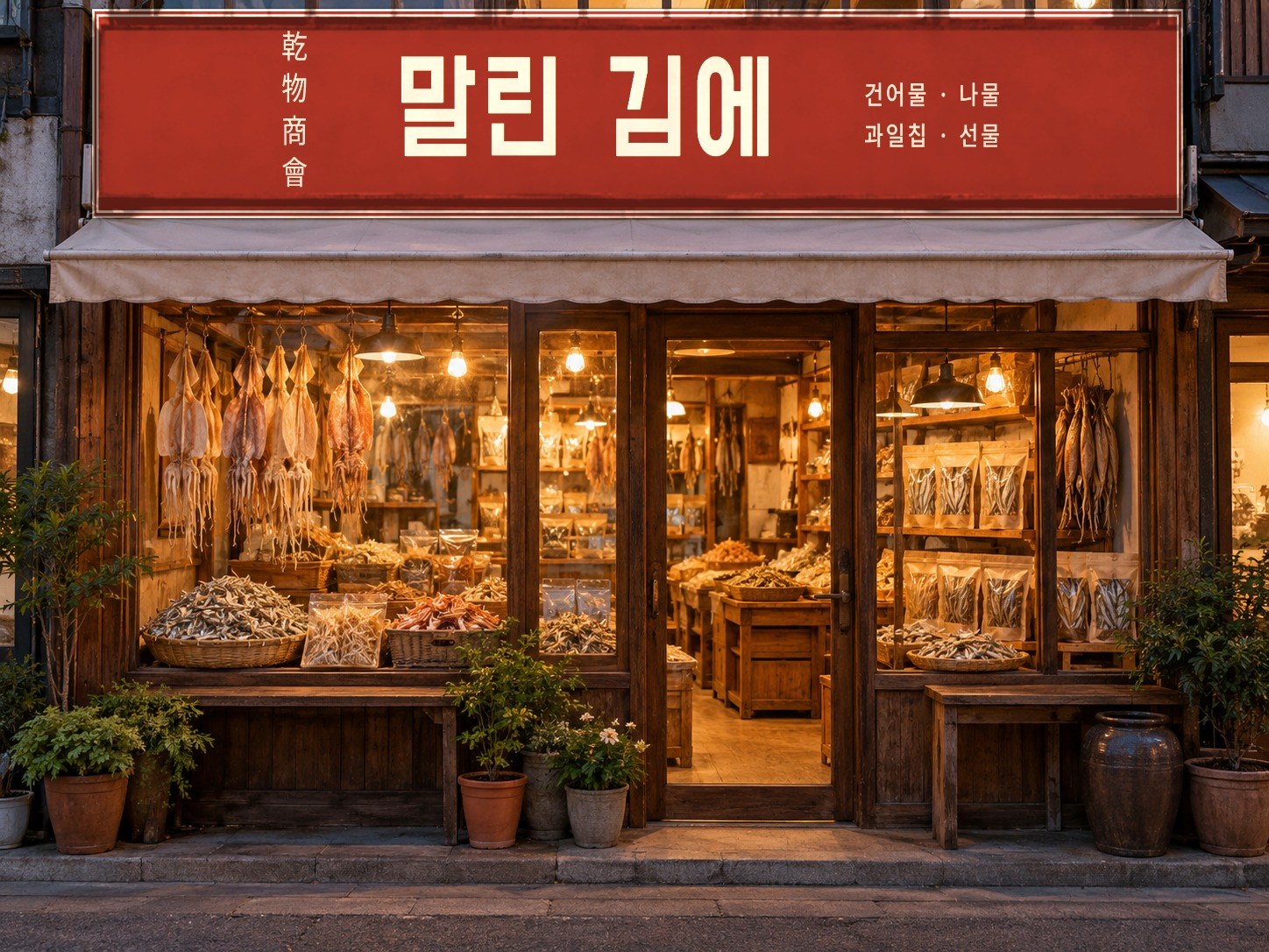 골목 건어물 가게 간판 목업